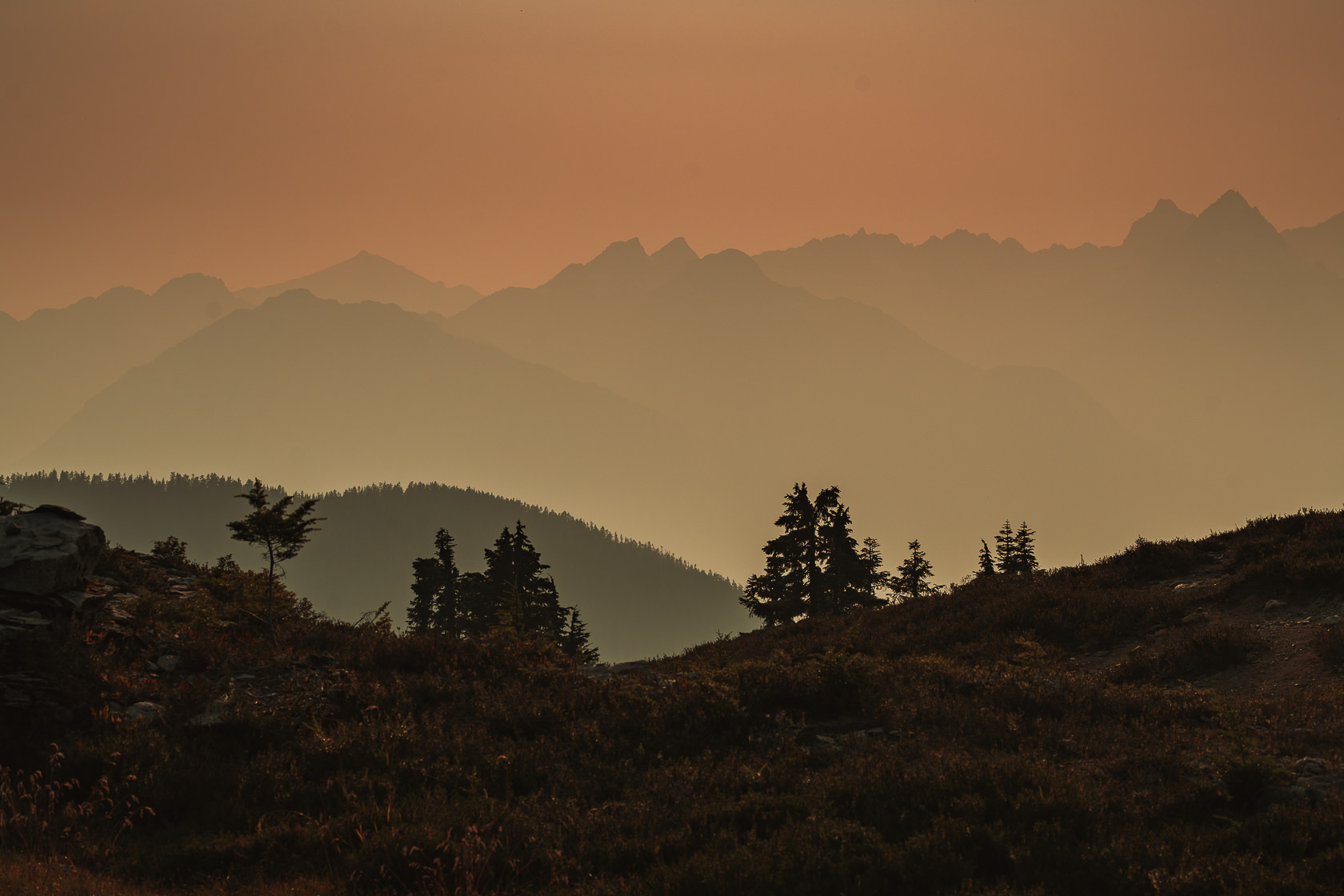 Elfin Lake evening views during wildfires in the region