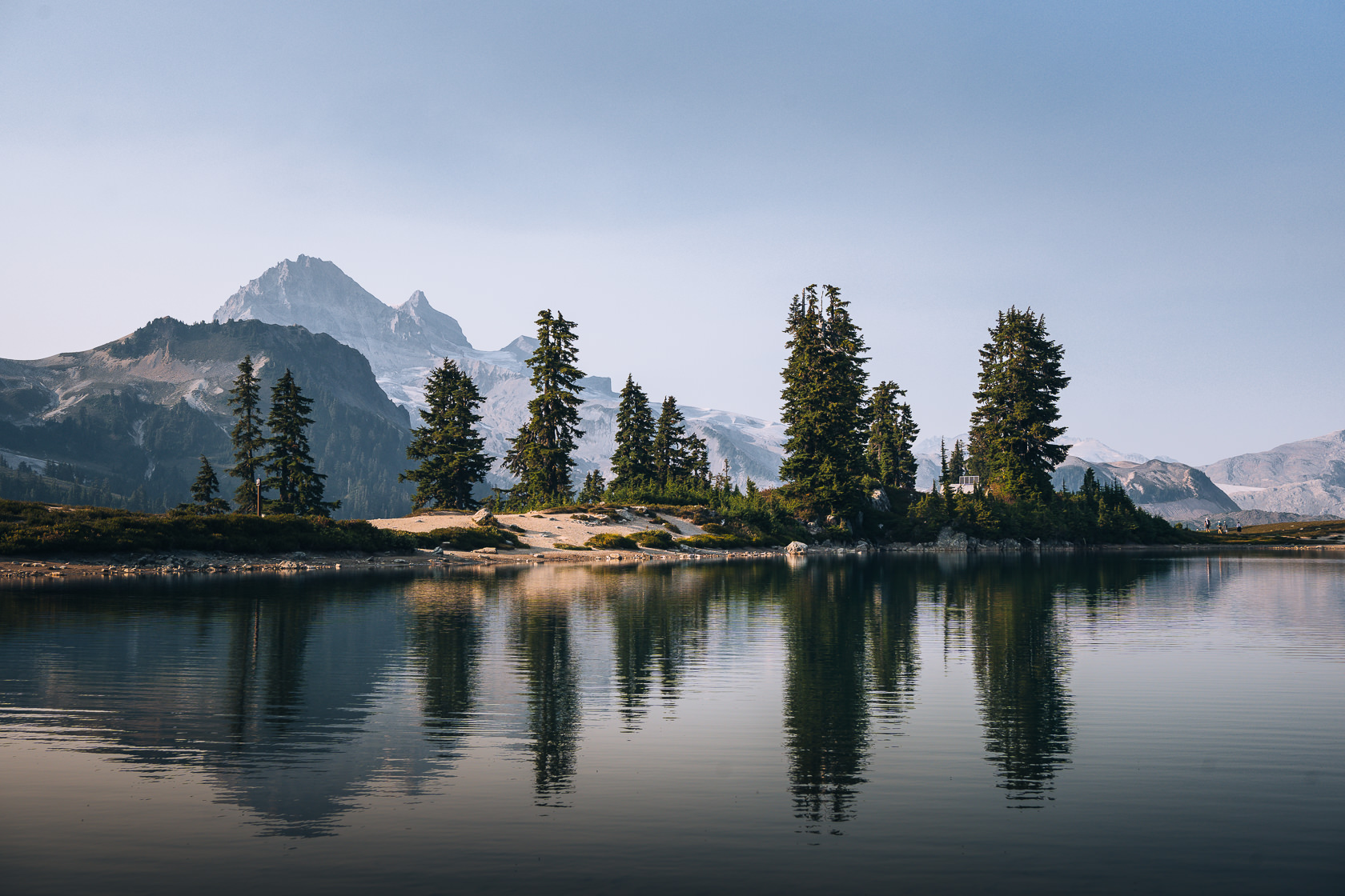 the view on the swimmable lake at Elfin Lakes at dusk