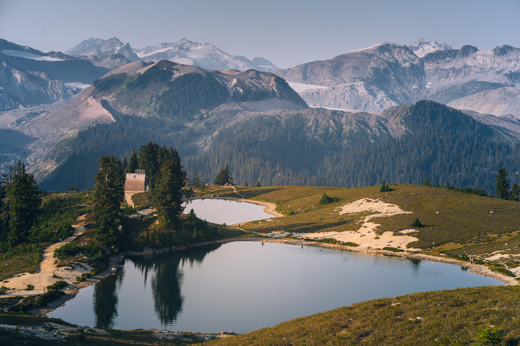 the view on Elfin Lakes and campsite at sunset