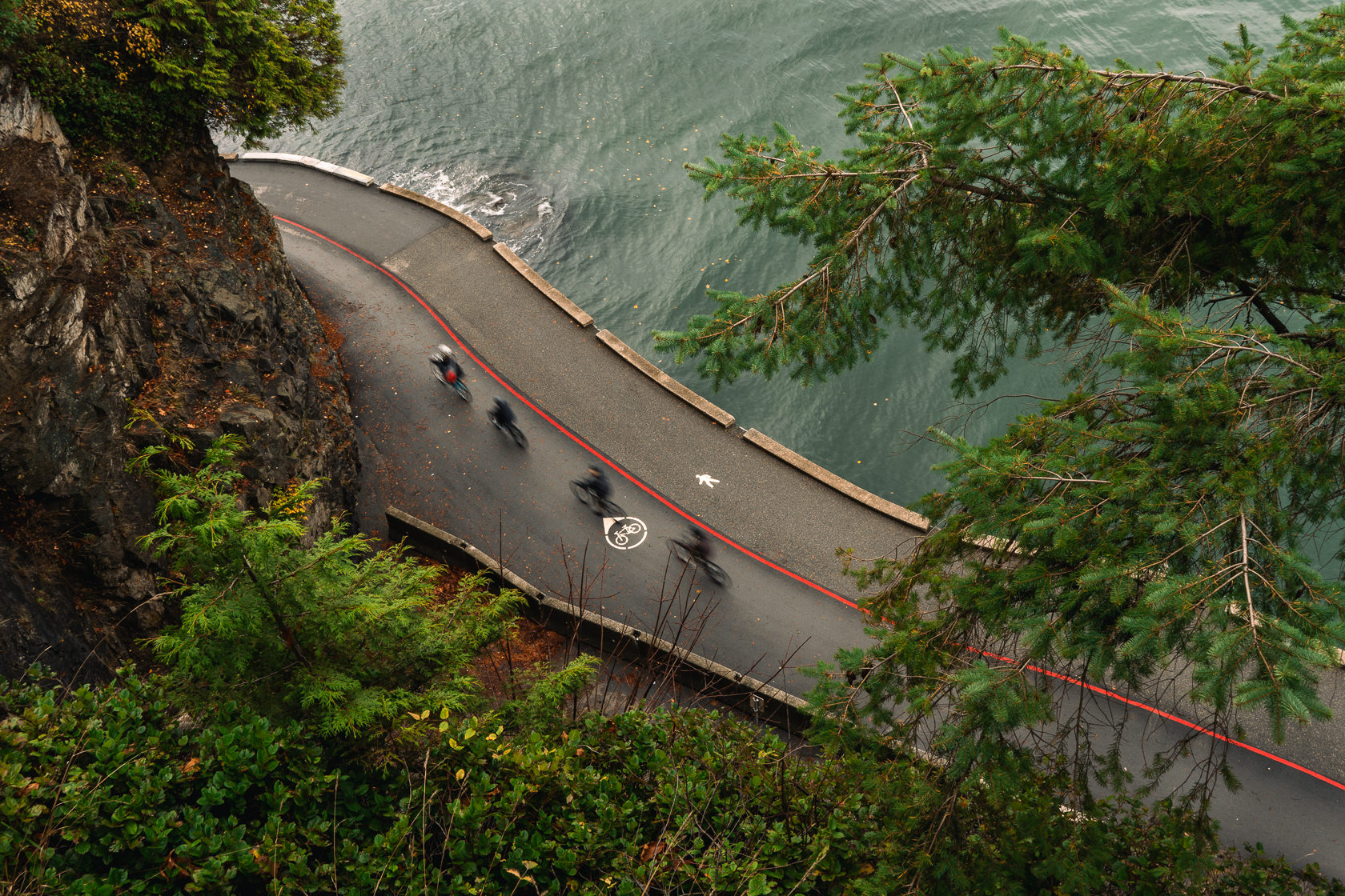 Vancouver's Stanley Park seawall photographed from above, showing the bike path and pedestrian path