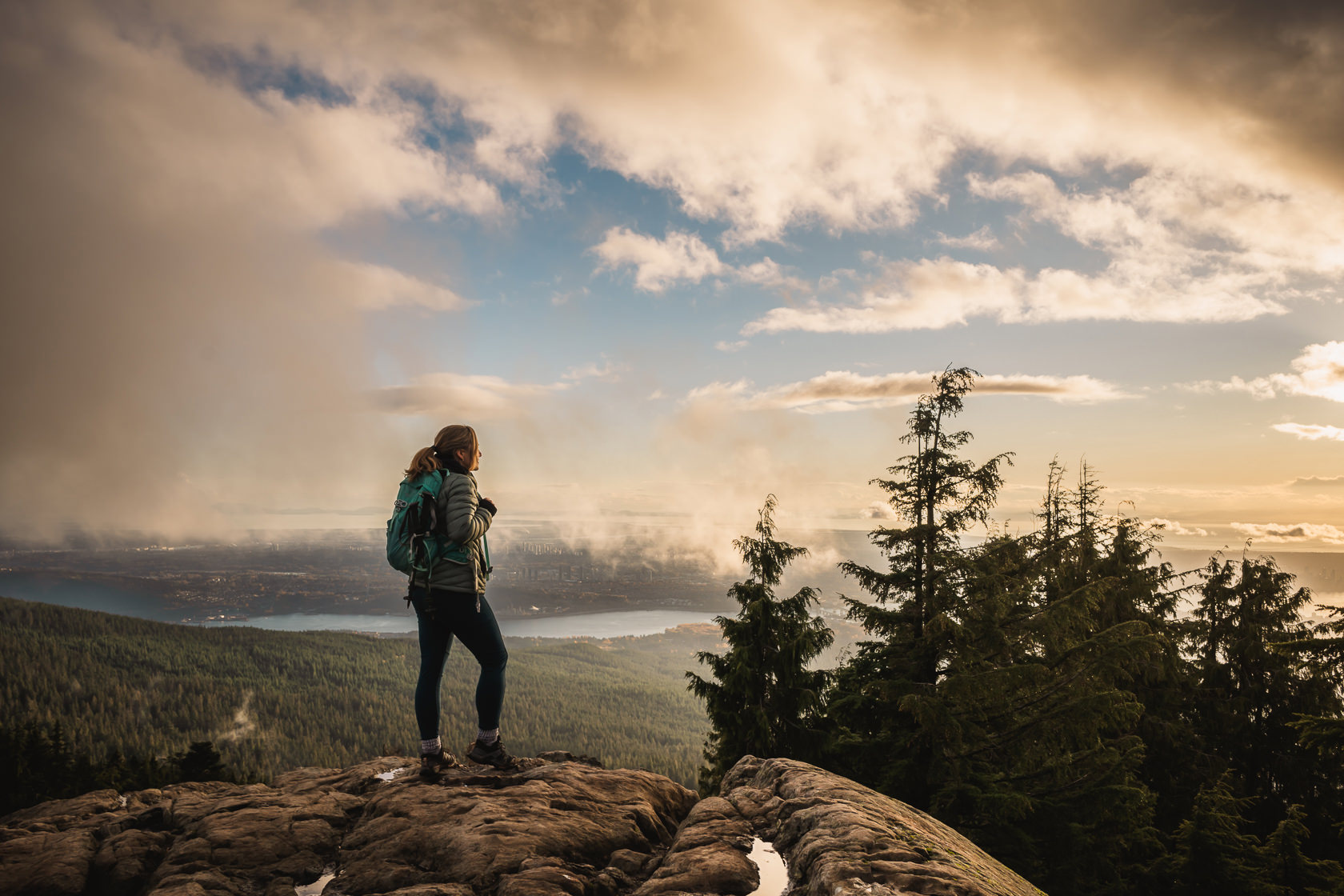 sunset view towards Vancouver from the Dog Mountain lookout point