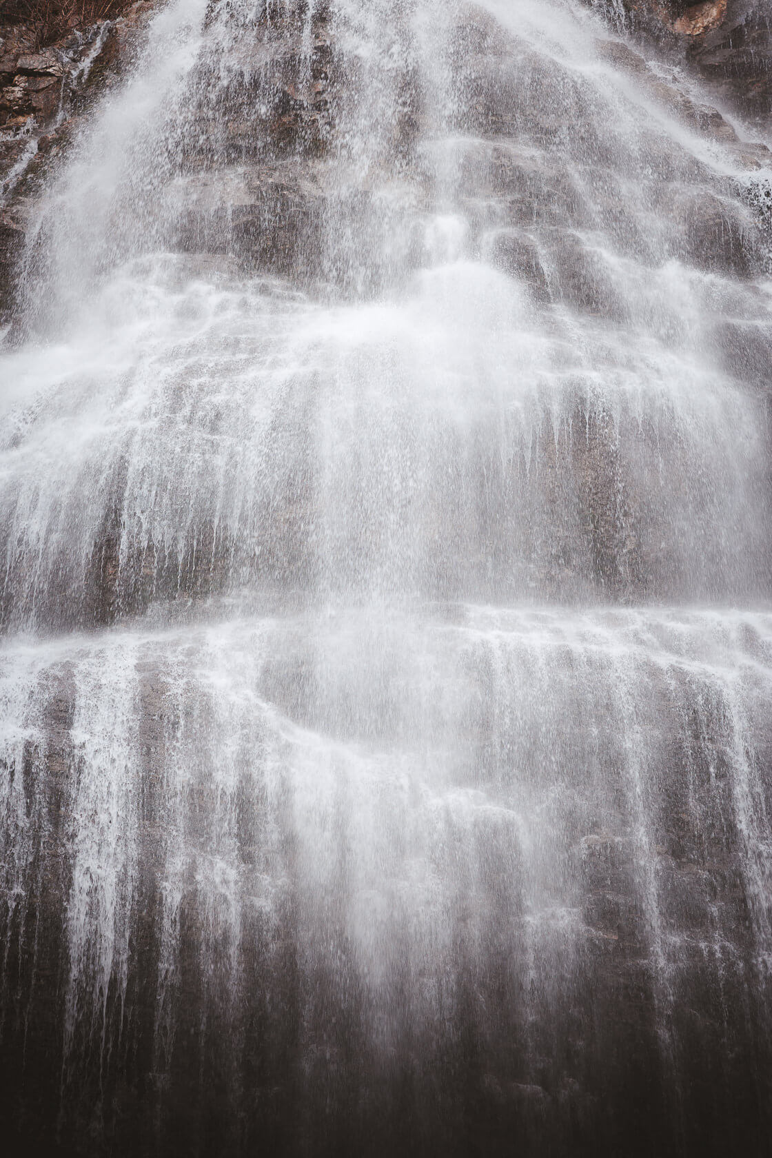 close-up of water of Bridal Veil Falls waterfall resembling a delicate bridal veil