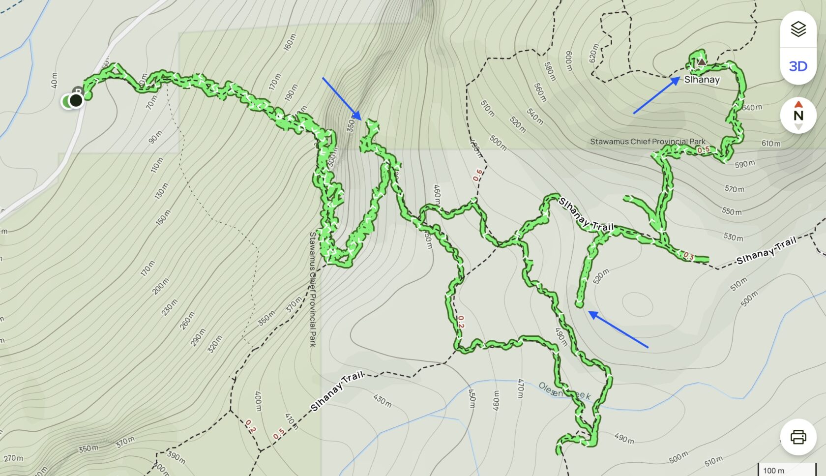 Map showing viewpoints on the Slhaney Trail in Squamish