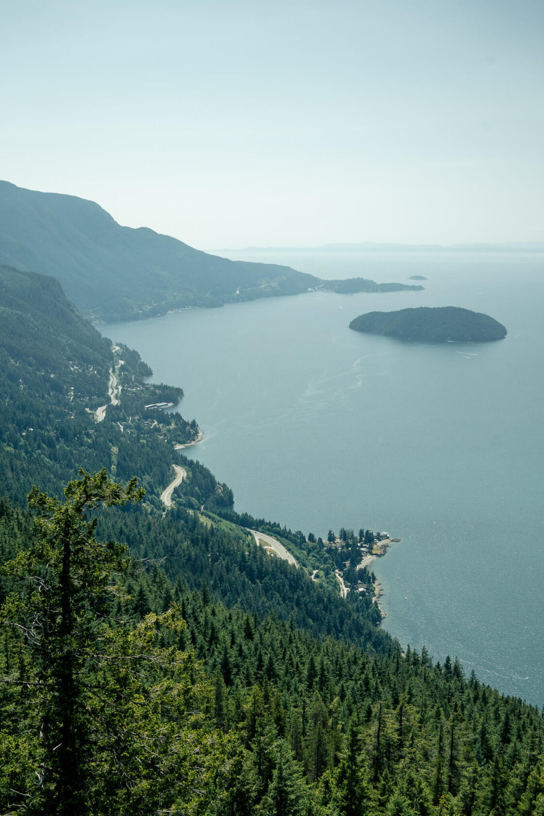 view from Stawamus Chief towards Howe Sound and Sea To Sky Highway