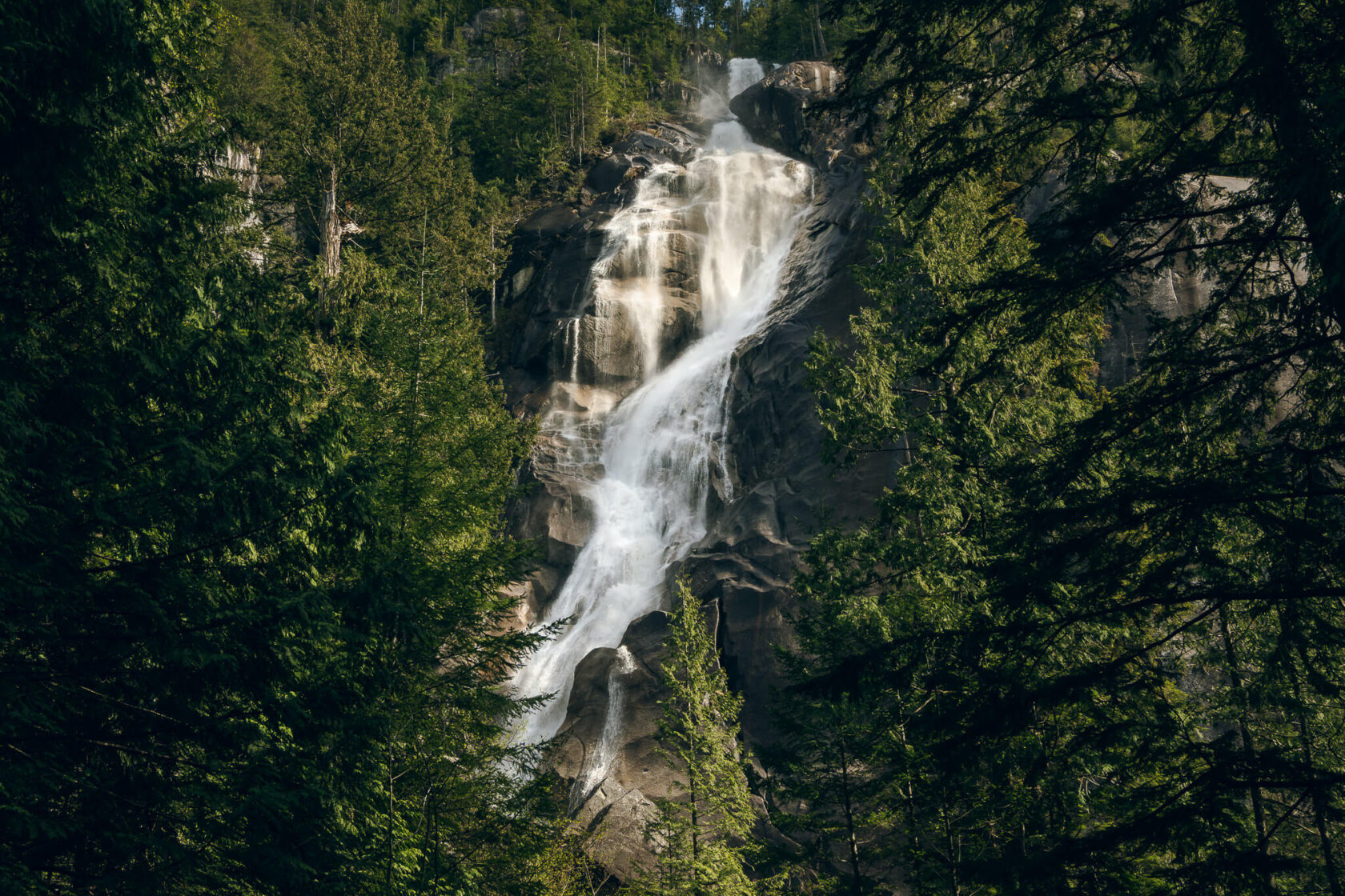 Shannon Falls waterfall between the trees on a sunny day