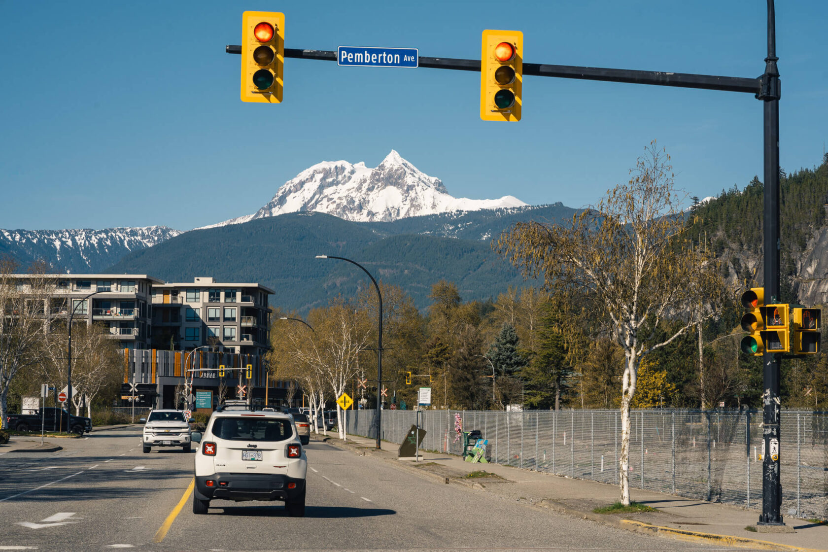 view from Pemberton Street in Squamish towards Mount Garibaldi and Atwell Peak