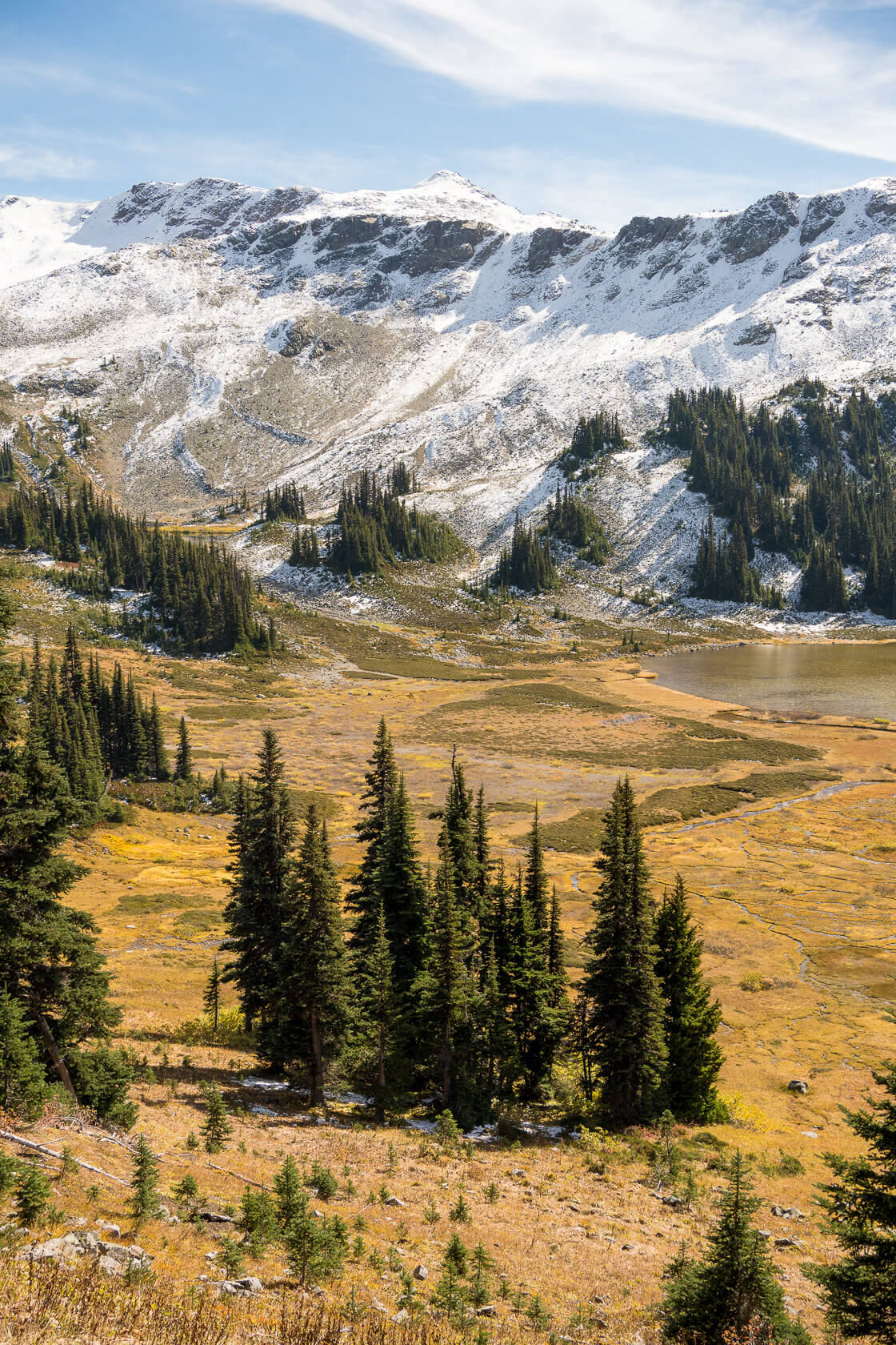 snow capped mountains behind Mimulus Lake 