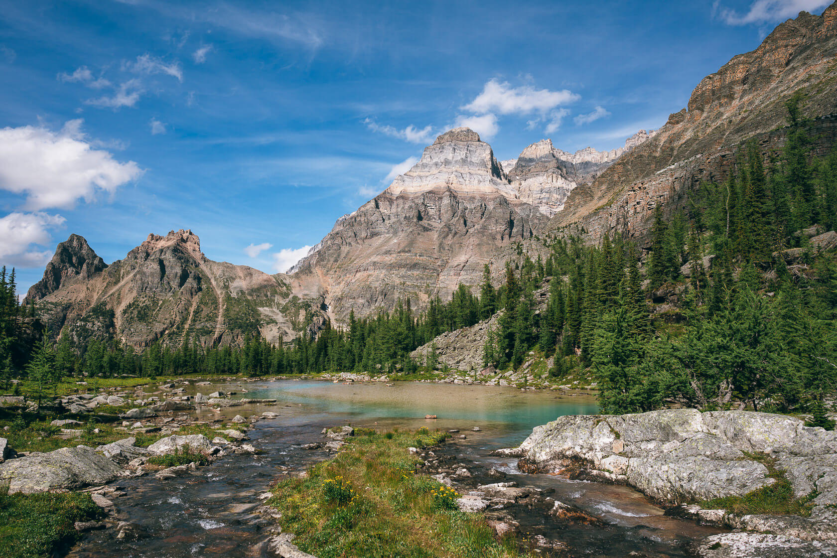 Lake and mountain views along the trail to Opabin Plateau