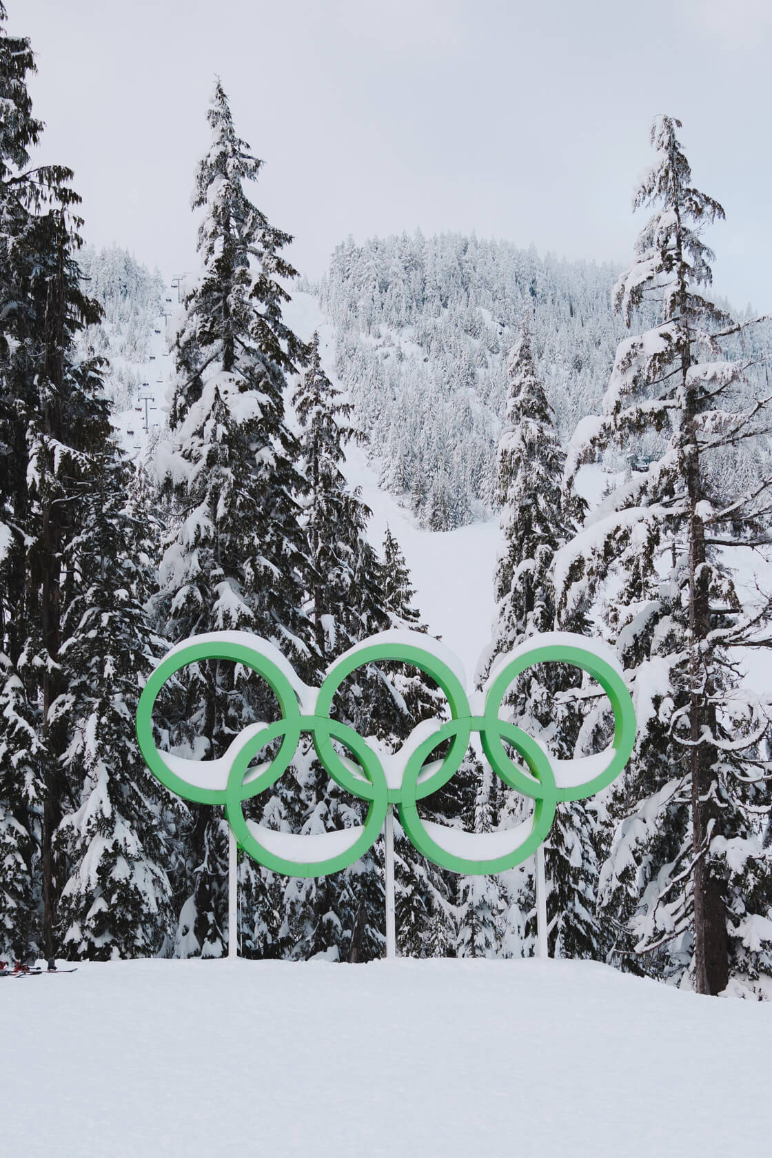 The green Olympic rings on top of Cypress Mountain