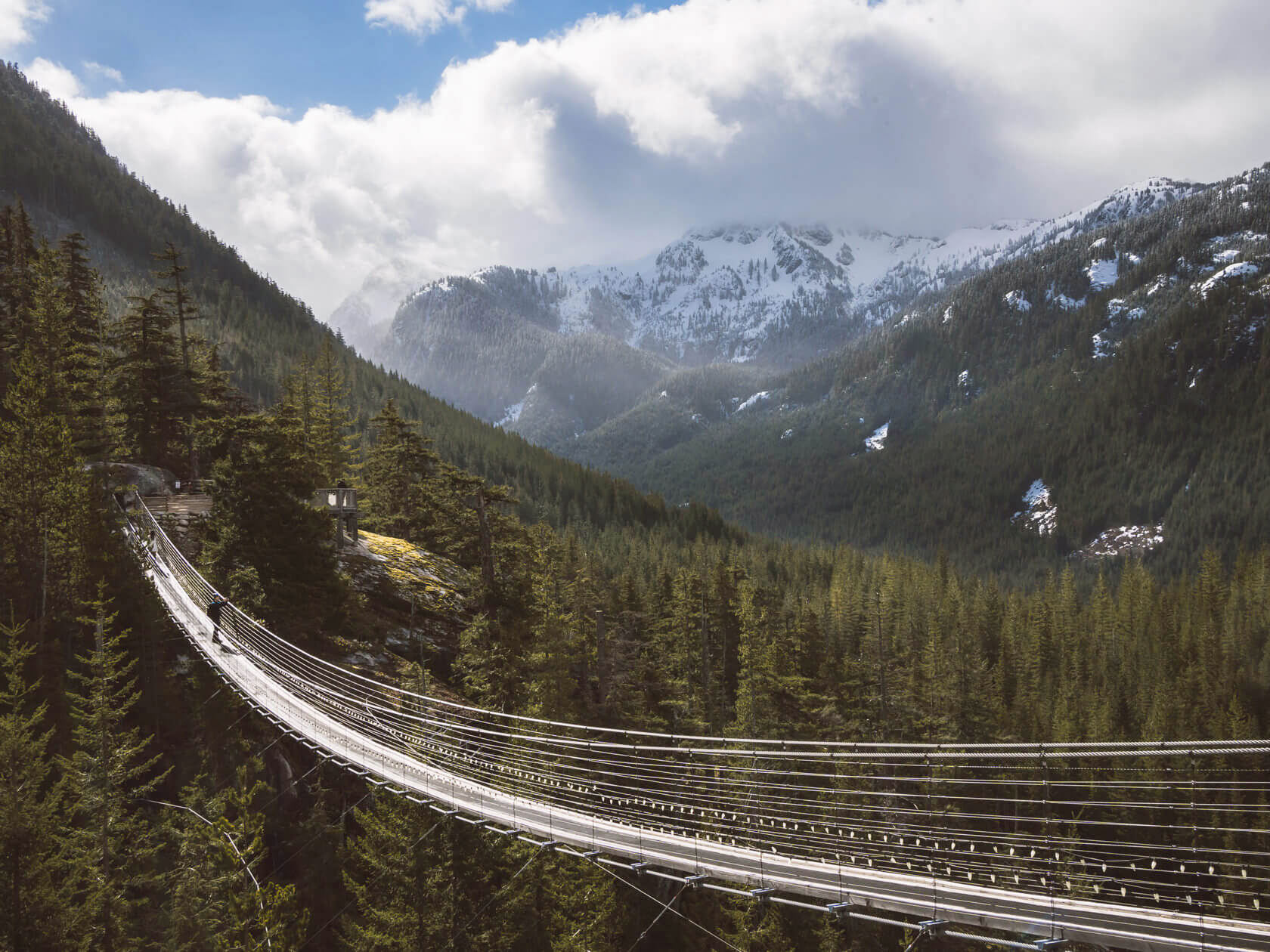 visitor crossing the suspension bridge at the top of the Sea to Sky Gondola in Squamish 